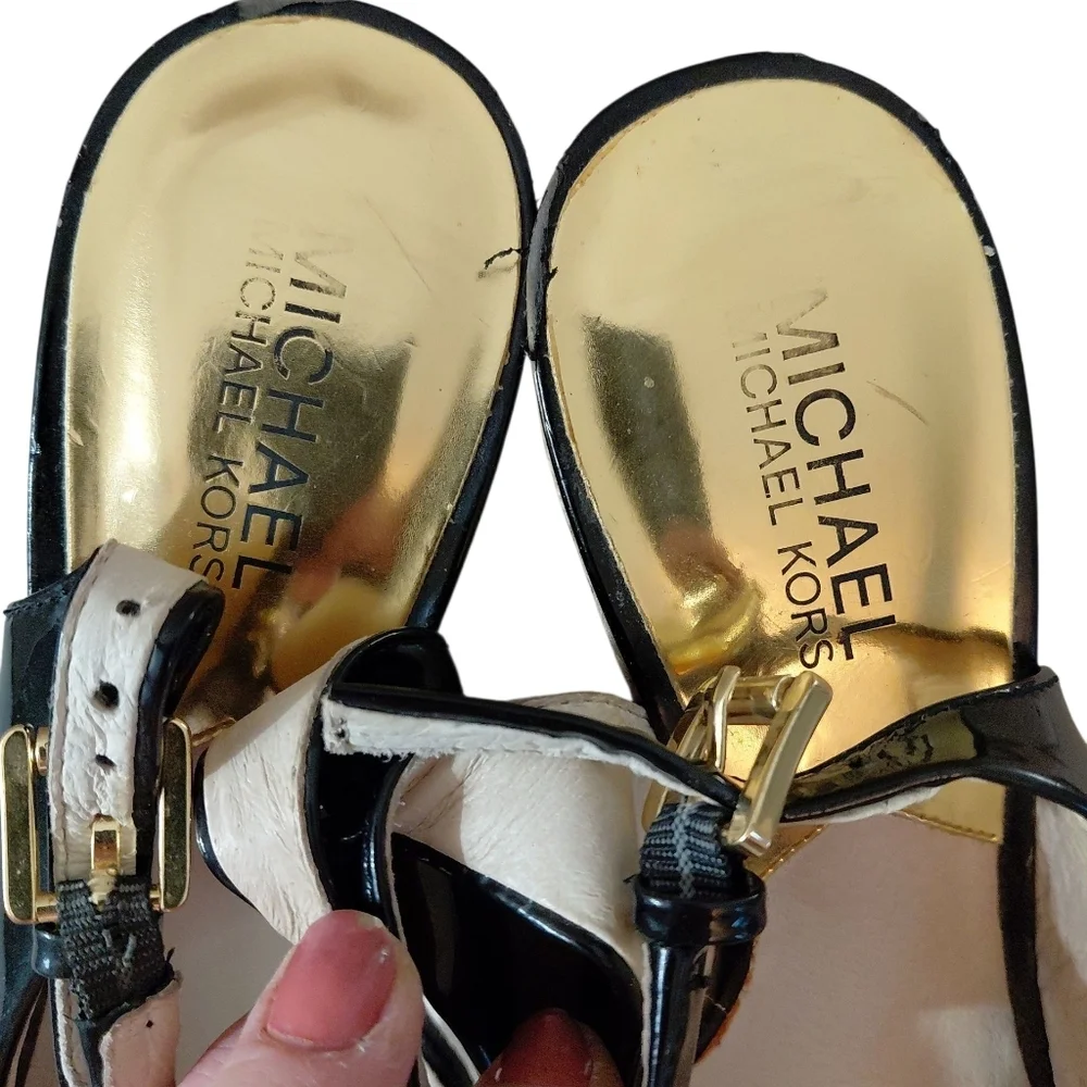 Michael Kors Keenan Black Patent Leather Peep Toe Espadrille Wedges Size 8